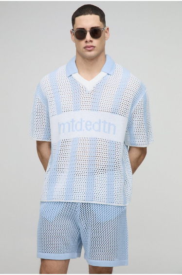 Regular Fit Crochet Stripe Football V Neck Knitted Shorts Set