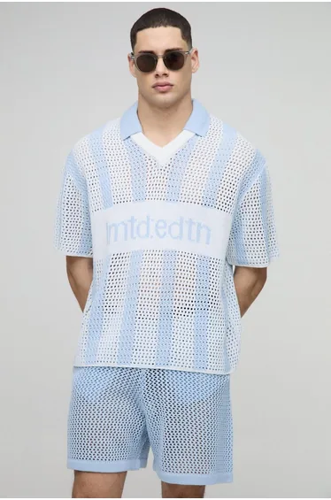 Regular Fit Crochet Stripe Football V Neck Knitted Shorts Set