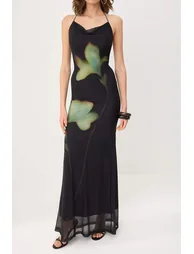 Black Multi-Colored Enchanting Floral Patterned Maxi Tulle Evening Dress & Graduation Gown - 3