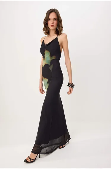 Black Multi-Colored Enchanting Floral Patterned Maxi Tulle Evening Dress & Graduation Gown