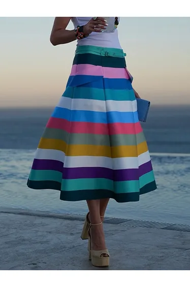 A-Line Loose Belted Contrast Color Split-Joint Striped Skirts Bottoms