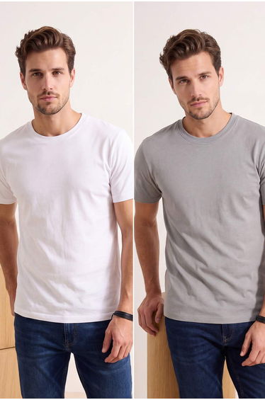 Gray- Ecru Oversized Pack of 2 Basic 100% Cotton T-Shirts