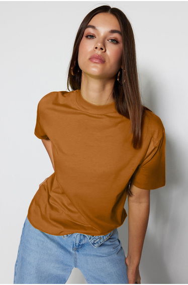 Light Brown 100% Cotton Basic Regular/Normal Pattern Stand Collar Knitted T-Shirt