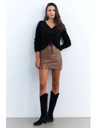 Women's Brown Faux Leather Mini Skirt - 1