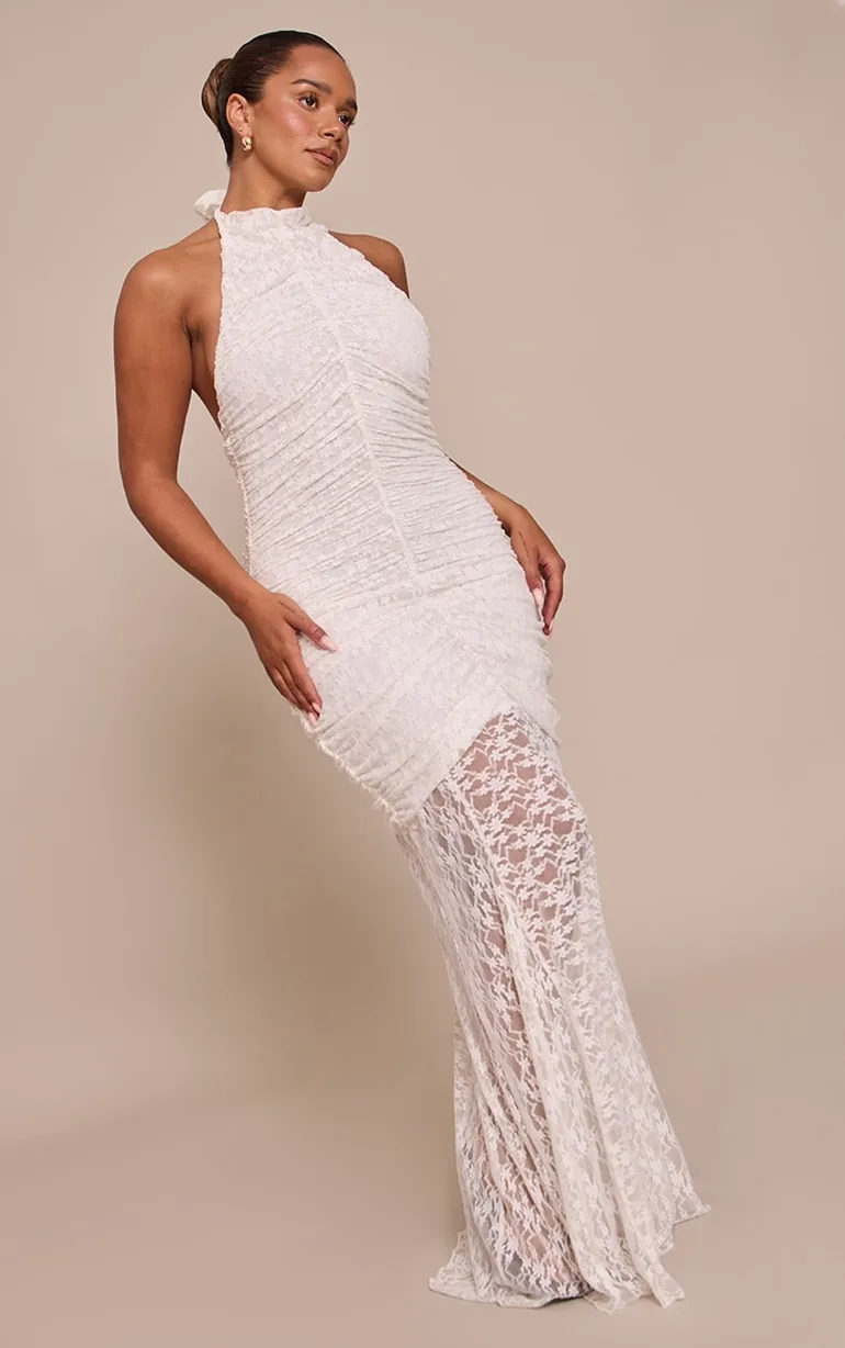Shape White Lace Ruched High Neck Dropped Hem Maxi Dress Prettylittlething  : Bridal Dresses : VogaCloset Oman