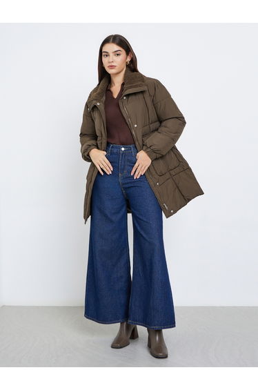 Brown Longline Padded Coat with Faux Fur Lining