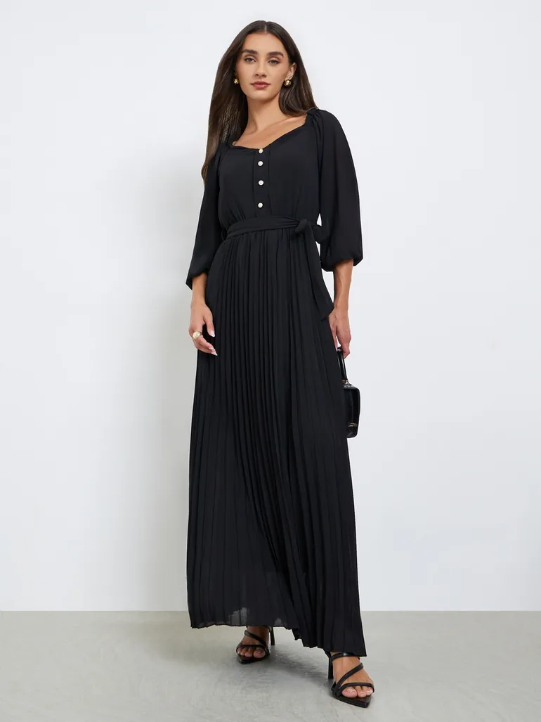 princess polly baby blue dress Black Solid Pleated Buttoned Maxi Dress Styli Black : Day Dresses :  VogaCloset Oman