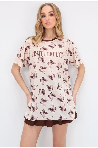 Women's Stone Crew Neck Digital Printed Side Slit T-shirt