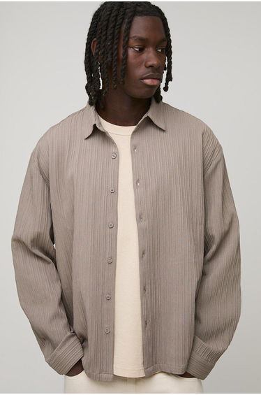 Regular Fit Textured Pleat Collared Shirt - taupe