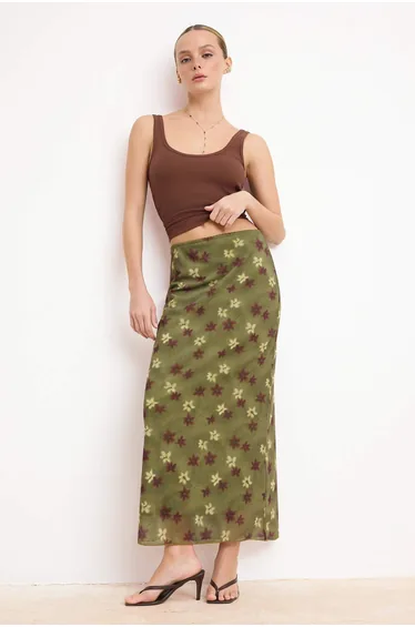 Khaki Abstract Patterned Tulle Lace Detailed Stretchy Skirt