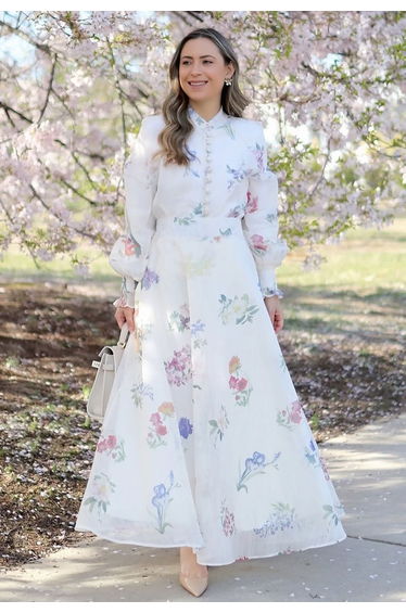 Botanical Printed Puff Sleeve Organza Shirt and Maxi Skirt Set in White