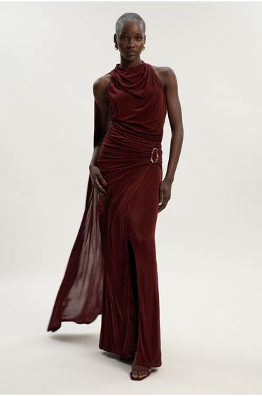 Premium Slinky Crepe High Neck Scarf Detail Maxi Dress