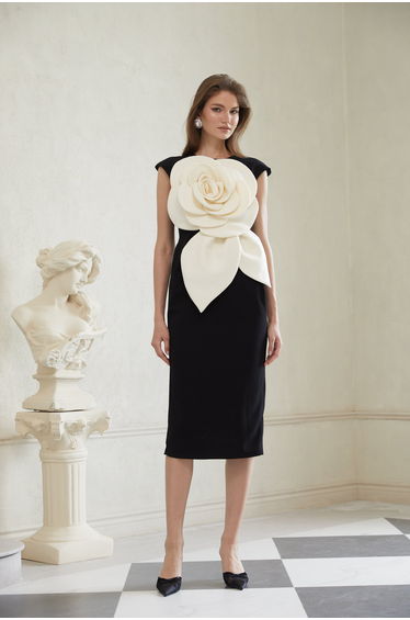 Aurélienne Black 3D Petal Pencil Midi Dress