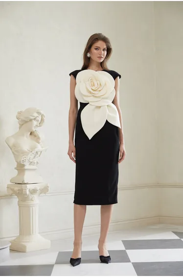 Aurélienne Black 3D Petal Pencil Midi Dress