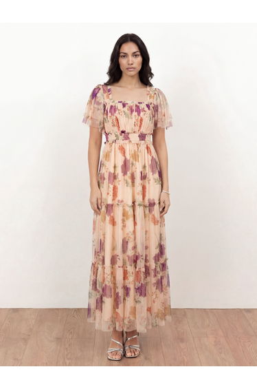 Anaya With Love Recycled Floral Square Neck Short Sleeve Tulle Midaxi Dress