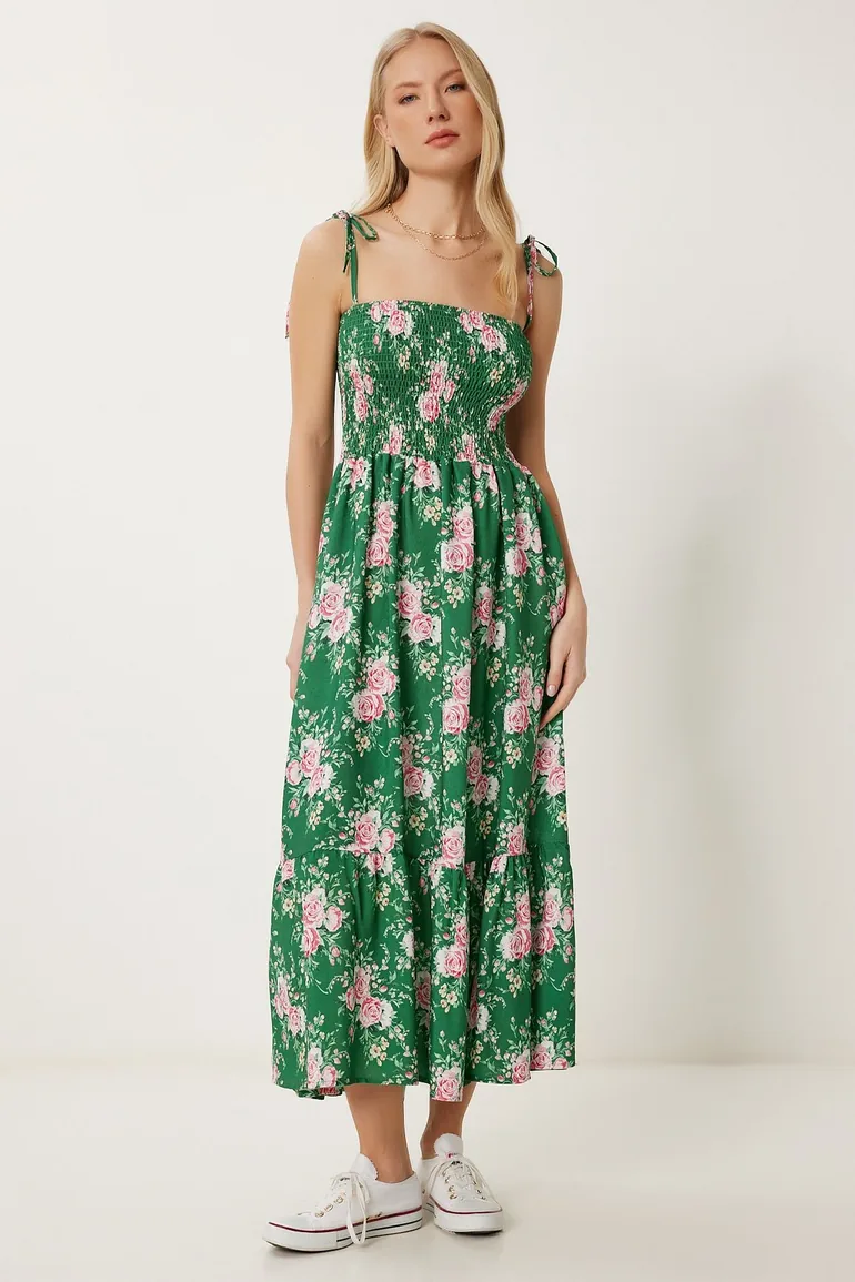strapless open back dress Off-Shoulder Light Green Floral Casual Summer Dress PromGirl