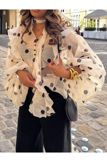 Long Sleeves Loose Buttoned Elasticity Polka-Dot Ruffle Trim See-Through V-Neck Blouses&Shirts Tops