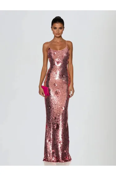 فستان ميو ميوز زهري طول الأرض بقصة مستقيمة