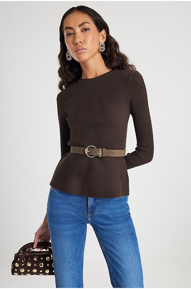 Brown Knitted Belted Peplum Top