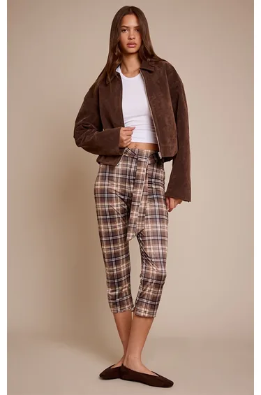 Brown Check Print Double Layer Wrap Waist Capri Leggings
