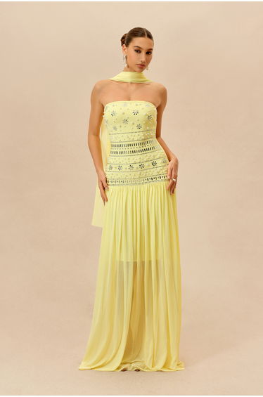 Irresistible Mood Yellow Pearl Embellished Strapless Maxi Dress With Scarf