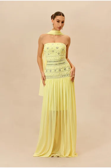Irresistible Mood Yellow Pearl Embellished Strapless Maxi Dress With Scarf