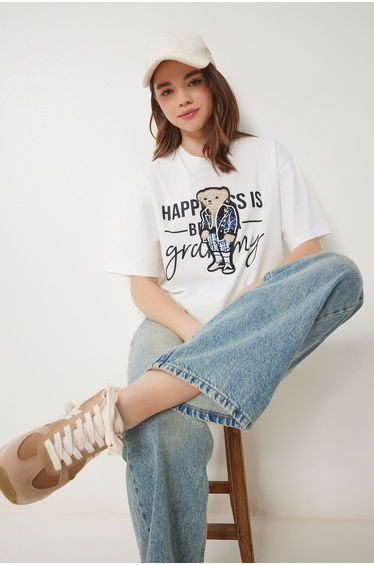 Women's Ecru Teddy Bear Embroidered Cotton Oversize Knitted T-Shirt