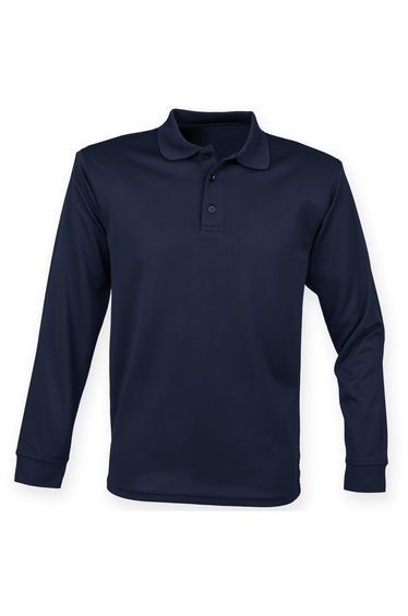 Henbury Mens Coolplus Moisture Wicking Long Sleeve Polo Shirt - Navy