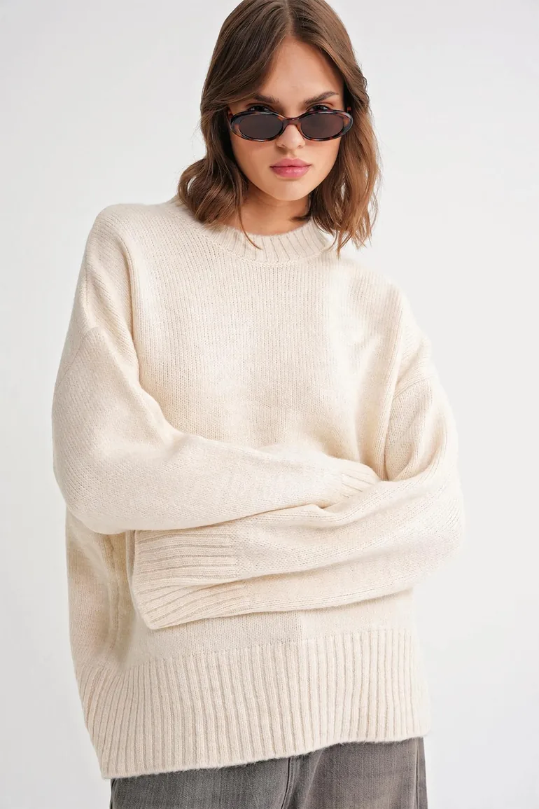 Mixray Oversized Ribbed Knit Sweater with Crew Neck - 1