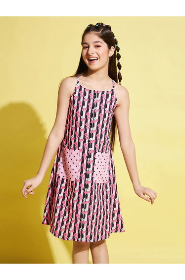 Girls Pink Printed Strappy Dress