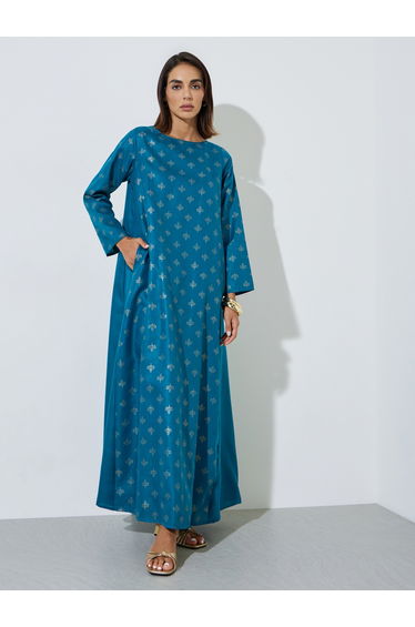 Blue Graphic Print Pocket Detail Maxi Jalabiya