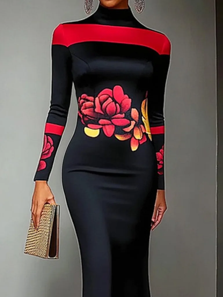 Bodycon Long Sleeves Flower Print High Neck Midi Dresses - 1