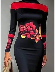 Bodycon Long Sleeves Flower Print High Neck Midi Dresses - 2
