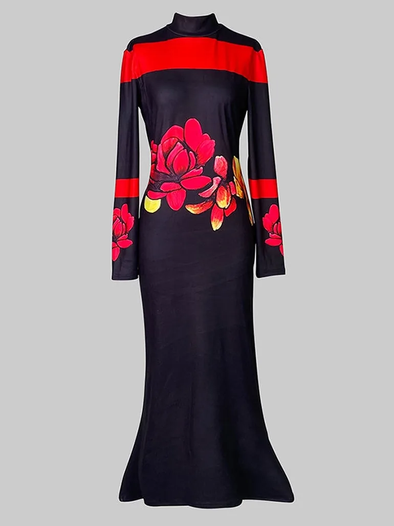 Bodycon Long Sleeves Flower Print High Neck Midi Dresses - 4
