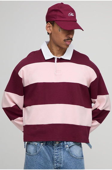 Shrunken Boxy Stripe Interlock Long Sleeve Rugby Polo - burgundy