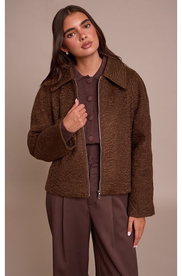 Chocolate Boucle Zip Up Jacket