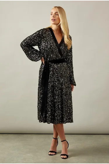 Petite Sequin Contrast Velvet Midi Dress