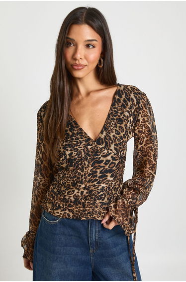 Leopard Chiffon Tie Cuff Blouse - leopard
