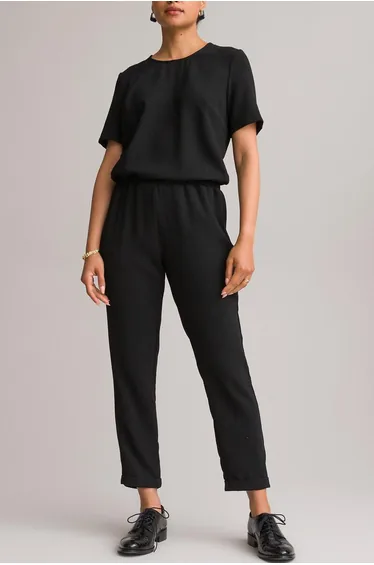 Textured Short Sleeve Jumpsuit, Length 26.5"
