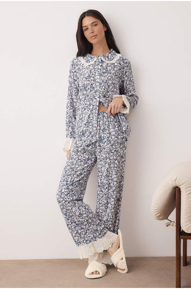 Blue floral shally woven pajama set