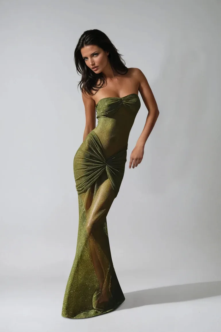 Daedalus Strapless Sequin Maxi Dress In Green