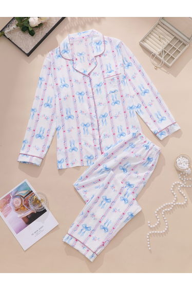 Women Graphic Bow Print Shirt and Pyjama Set