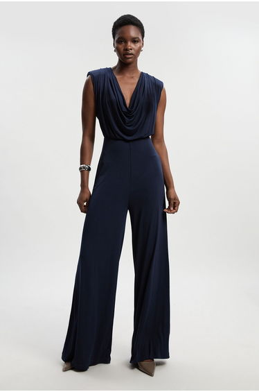 Jersey Crepe Cowl Neck Wide Leg Jumpsuit