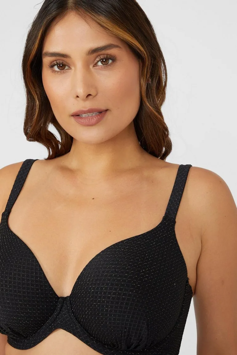 Gorgeous DD+ Gold Sparkle Balcony Padded Wire Bikini Top - black - 2