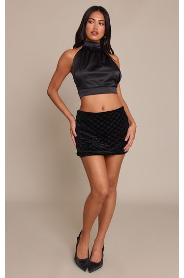 Black Velvet Embroidered Mini Skirt