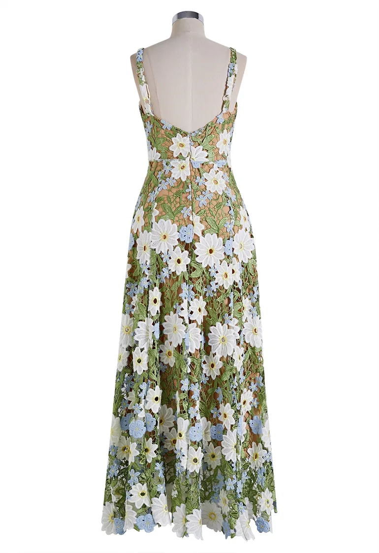 3D Floral Applique Cutwork Lace Cami Maxi Dress in Sage Green for Bridal Showers & Garden Weddings - 12