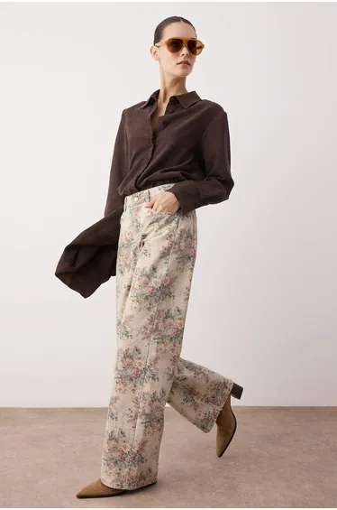 Multi-Colored Floral Pattern High Waist Wide Leg Jeans
