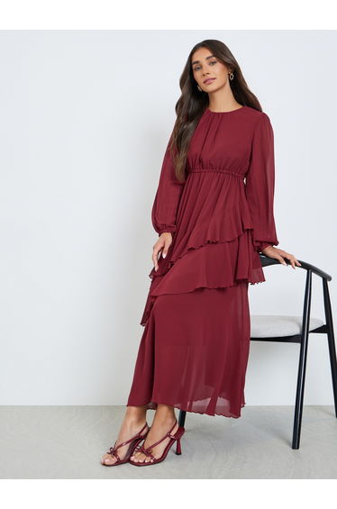 Women Red Balloon Sleeve Ruffled Detail Maxi Dress
