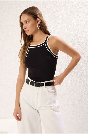 Black Fitted/Body Fitted Halter Neck Ribbed Stretch Knit Undershirt