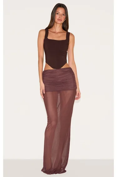 تنورة ماكسي ميش بطبقة مركبة لون بني